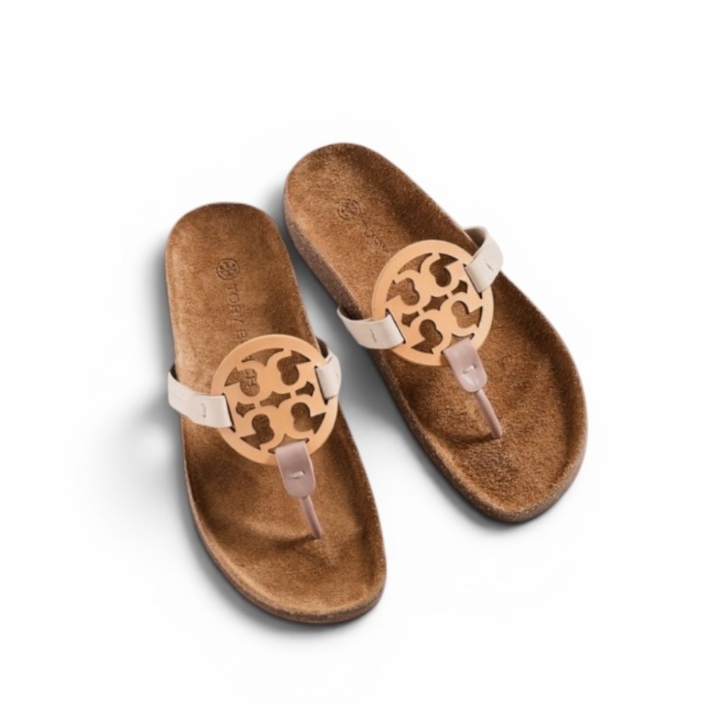 Tory Burch Miller Cloud Sandals Cream Tan Logo Medallion MSRP $239 New